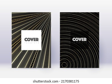 Hipster cover design template set. Gold abstract lines on black background. Comely cover design. Magnificent catalog, poster, book template etc.