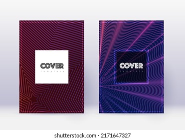 Hipster cover design template set. Violet abstract lines on dark background. Curious cover design. Immaculate catalog, poster, book template etc.