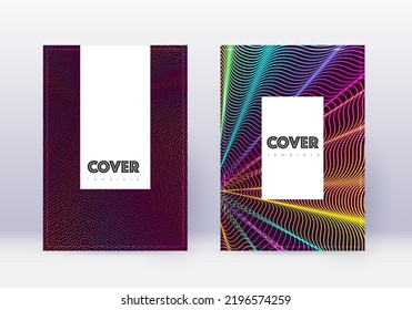 Hipster cover design template set. Rainbow abstract lines on wine red background. Classy cover design. Dramatic catalog, poster, book template etc.