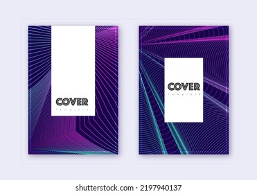 Hipster cover design template set. Neon abstract lines on dark blue background. Classic cover design. Fancy catalog, poster, book template etc.