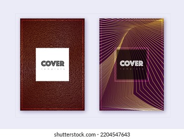Hipster cover design template set. Gold abstract lines on maroon background. Comely cover design. Symmetrical catalog, poster, book template etc.