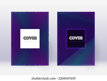 Hipster cover design template set. Neon abstract lines on dark blue background. Cool cover design. Original catalog, poster, book template etc.