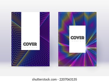 Hipster cover design template set. Rainbow abstract lines on dark blue background. Classy cover design. Bold catalog, poster, book template etc.