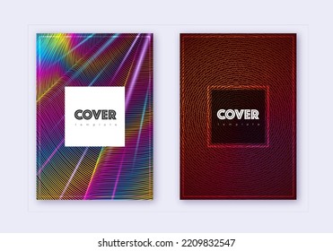 Hipster cover design template set. Rainbow abstract lines on wine red background. Creative cover design. Splendid catalog, poster, book template etc.