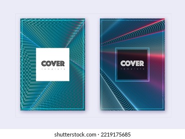 Hipster cover design template set. Red white blue abstract lines on dark background. Curious cover design. Creative catalog, poster, book template etc.