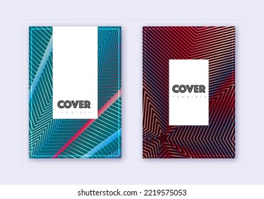 Hipster cover design template set. Red white blue abstract lines on dark background. Classy cover design. Ravishing catalog, poster, book template etc.