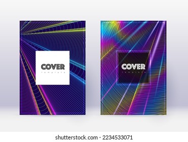 Hipster cover design template set. Rainbow abstract lines on dark blue background. Creative cover design. Fabulous catalog, poster, book template etc.