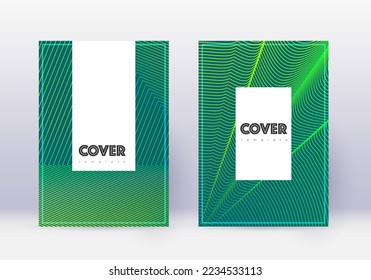 Hipster cover design template set. Green abstract lines on dark background. Charming cover design. Mind-blowing catalog, poster, book template etc.