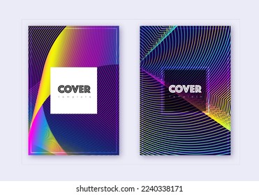 Hipster cover design template set. Rainbow abstract lines on dark blue background. Creative cover design. Imaginative catalog, poster, book template etc.