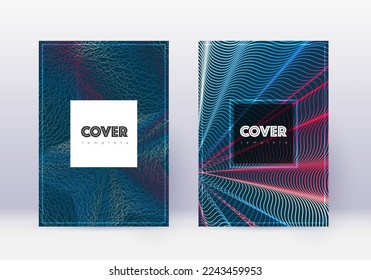 Hipster cover design template set. Red abstract lines on white blue background. Curious cover design. Amusing catalog, poster, book template etc.