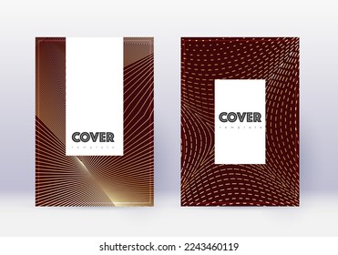 Hipster cover design template set. Gold abstract lines on maroon background. Charming cover design. Delightful catalog, poster, book template etc.