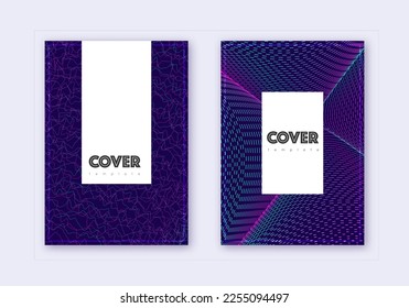 Hipster cover design template set. Neon abstract lines on dark blue background. Classic cover design. Authentic catalog, poster, book template etc.