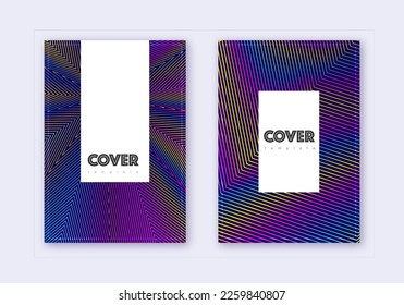Hipster cover design template set. Rainbow abstract lines on dark blue background. Classy cover design. Attractive catalog, poster, book template etc.