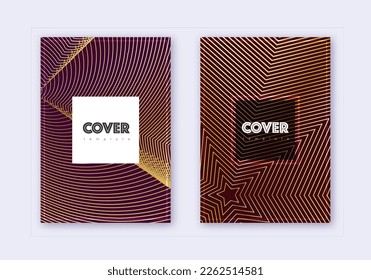 Hipster cover design template set. Gold abstract lines on maroon background. Cool cover design. Astonishing catalog, poster, book template etc.