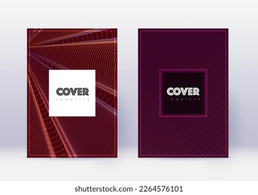Hipster cover design template set. Orange abstract lines on wine red background. Creative cover design. Actual catalog, poster, book template etc.