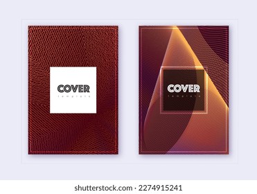 Hipster cover design template set. Orange abstract lines on wine red background. Cool cover design. Valuable catalog, poster, book template etc.