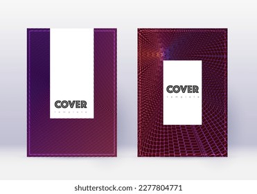 Hipster cover design template set. Violet abstract lines on dark background. Classy cover design. Unique catalog, poster, book template etc.