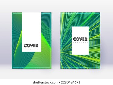 Hipster cover design template set. Green abstract lines on dark background. Charming cover design. Precious catalog, poster, book template etc.
