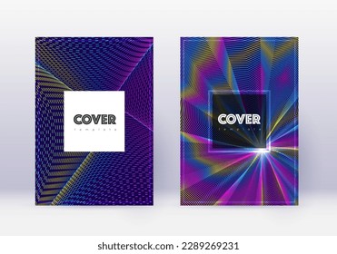 Hipster cover design template set. Rainbow abstract lines on dark blue background. Creative cover design. Marvelous catalog, poster, book template etc.