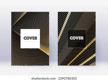 Hipster cover design template set. Gold abstract lines on black background. Comely cover design. Interesting catalog, poster, book template etc.