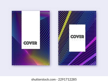 Hipster cover design template set. Rainbow abstract lines on dark blue background. Classic cover design. Rare catalog, poster, book template etc.