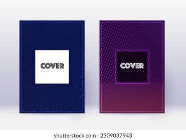 Hipster Cover Design Template Set. Abstrakte violette Linien auf dunklem Hintergrund. Neuartiges Cover-Design. Unglaublicher Katalog, Plakat, Buchvorlage etc.