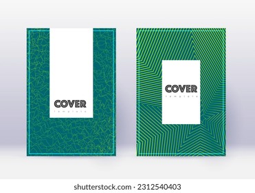 Conjunto de plantillas de diseño de portada Hipster. Líneas abstractas verdes sobre fondo oscuro. Encantador diseño de la cubierta. Catálogo abrumador, afiche, plantilla de libro, etc.