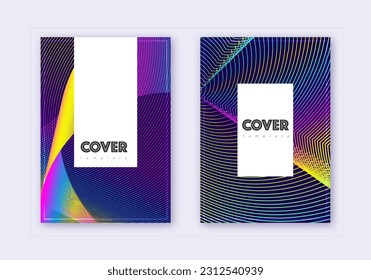 Hipster cover design template set. Rainbow abstract lines on dark blue background. Classy cover design. Alluring catalog, poster, book template etc.