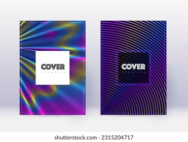 Conjunto de plantillas de diseño de portada Hipster. Líneas abstractas del arcoiris sobre fondo azul oscuro. Diseño creativo de portada. Catálogo excepcional, póster, plantilla de libro, etc.