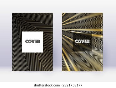 Hipster cover design template set. Gold abstract lines on black background. Comely cover design. Fascinating catalog, poster, book template etc.