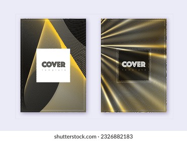 Conjunto de plantillas de diseño de portada Hipster. Líneas abstractas de oro sobre fondo negro. Diseño de portada. Catálogo exótico, afiche, plantilla de libro, etc.