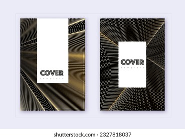 Hipster cover design template set. Gold abstract lines on black background. Captivating cover design. Trending catalog, poster, book template etc.
