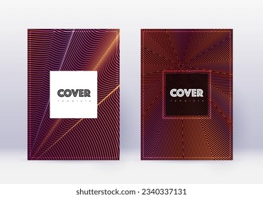 Hipster cover design template set. Orange abstract lines on wine red background. Cool cover design. Trending catalog, poster, book template etc.