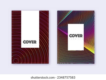 Hipster cover design template set. Rainbow abstract lines on wine red background. Classy cover design. Comely catalog, poster, book template etc.