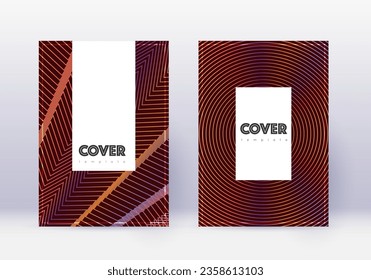 Hipster cover design template set. Orange abstract lines on wine red background. Classic cover design. Magnificent catalog, poster, book template etc.