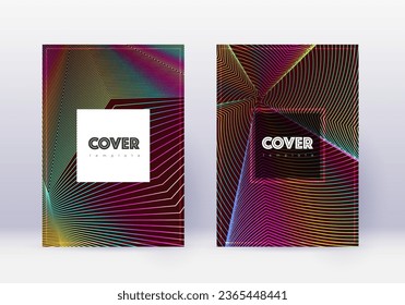 Hipster cover design template set. Rainbow abstract lines on wine red background. Creative cover design. Neat catalog, poster, book template etc.