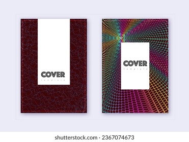 Hipster cover design template set. Rainbow abstract lines on wine red background. Classy cover design. Ecstatic catalog, poster, book template etc.