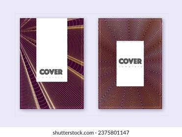 Hipster cover design template set. Gold abstract lines on maroon background. Charming cover design. Lovely catalog, poster, book template etc.