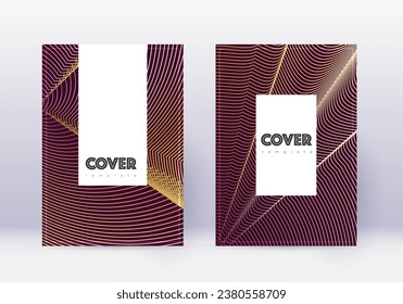 Hipster cover design template set. Gold abstract lines on maroon background. Charming cover design. Majestic catalog, poster, book template etc.
