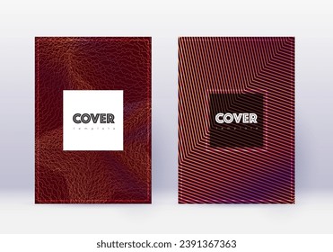 Hipster cover design template set. Orange abstract lines on wine red background. Cool cover design. Wondrous catalog, poster, book template etc.