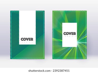 Hipster cover design template set. Green abstract lines on dark background. Charming cover design. Positive catalog, poster, book template etc.