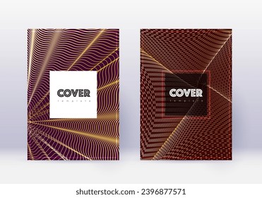 Hipster cover design template set. Gold abstract lines on maroon background. Comely cover design. Stunning catalog, poster, book template etc.