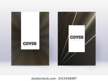 Hipster cover design template set. Gold abstract lines on black background. Captivating cover design. Sightly catalog, poster, book template etc.