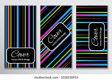 Hipster cover gradient stripe backdrop. Contrast cover for header page of invitation. Layout with colorful gradient stripes on black background for corporate purpose.