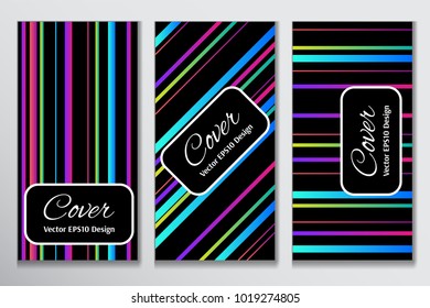 Hipster cover gradient stripe background. Contrast cover for front page of card. Layout with colorful gradient stripes on black background for corporate purpose.