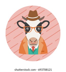 Hipster cow with glasses, bowler hat and necktie