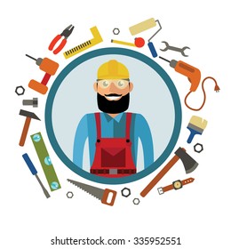 Hipster craftsman and tools in flat design. Vector graphic in contemporary style