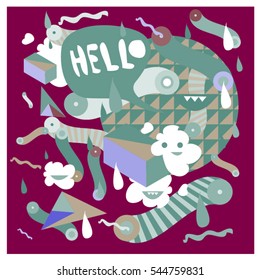 Hipster Crazy doodle Monster Memphis style drawing style. Vector illustration for summer design template and wallpaper background.