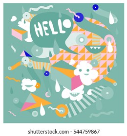 Hipster Crazy doodle Monster Memphis style drawing style. Vector illustration for summer design template and wallpaper background.