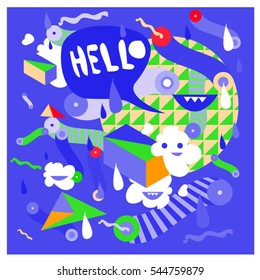 Hipster Crazy doodle Monster Memphis style drawing style. Vector illustration for summer design template and wallpaper background.